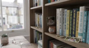 A curated selection of affordable personal finance and debt-free books stacked on a shelf.