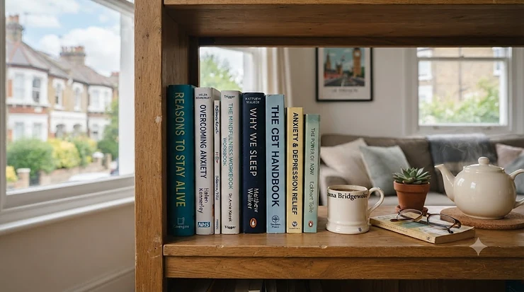 A stack of self-help books focusing on mental health on a wooden table, representing top anxiety and depression books recommended for UK readers. anxiety depression books