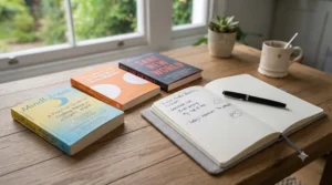 Beginner-friendly mindfulness books and a notepad on a desk, ideal for those starting a meditation practice.
