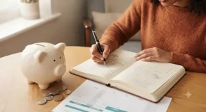 A highly detailed, photorealistic photograph, maintaining the same intimate desk view and natural light from image_2.png. The young woman's hands (as in image_0.png) are in the foreground, actively writing in the open hardcover notebook with the same pen. The notebook's right page features the detailed handwritten notes and graphs from image_2.png, while the left page is now clearly visible, filled with intricate, legible handwritten bullet points and diagrams on the core principles of behavioural economics, such as 'Bounded Rationality', 'Nudging', and 'Loss Aversion'. The ceramic piggy bank and British coins from image_2.png sit to the left, all in sharp focus against a softly blurred study background.