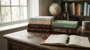Global economics books focusing on behavioural science, wealth distribution, and societal impact.