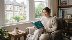 A person peacefully reading a self-help book by a window, highlighting the comfort found in anxiety and depression books.