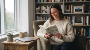 A young adult sitting in a cosy armchair, engrossed in a bestselling book on building self-esteem and resilience.