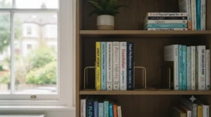 A curated bookshelf featuring a selection of top-rated deep work books for professional development.