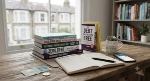 Close-up of hands highlighting money management strategies inside a popular UK debt-free book.