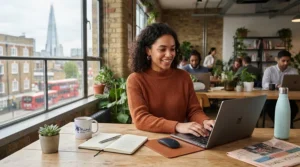 A candid, professional photograph capturing a young British professional woman of mixed heritage working remotely in a bright, modern co-working space in London. She is seated at a wooden desk, smiling while typing on a MacBook Pro (UK ISO keyboard layout). On the desk are culturally appropriate items: a ceramic mug with a 'Mind' charity logo, a Moleskine notebook, a Paperchase pen, a small succulent, and a copy of The Financial Times. In the softly blurred background, large windows overlook the London skyline, including The Shard and passing red double-decker buses.
