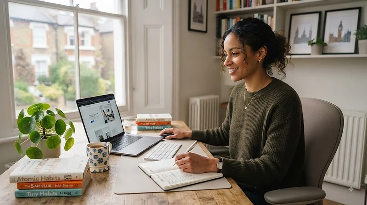 Flat lay of popular habit building books on a wooden desk with a cup of tea and a notebook, highlighting top reads for personal growth in the UK. habit building books