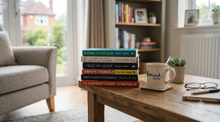 A stack of popular mental health books on a wooden table, representing wellbeing and self-care resources for UK readers. mental health books