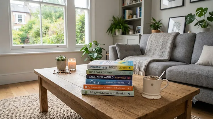 Stack of the best mindfulness books on a wooden table, recommended for UK readers seeking stress relief and wellbeing. best mindfulness books