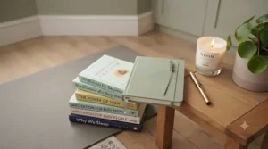 A stack of popular paperback meditation books for beginners next to a lit aromatherapy candle.