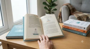 An open guide on mindfulness meditation books for beginners, resting on a wooden table beside a calming houseplant.