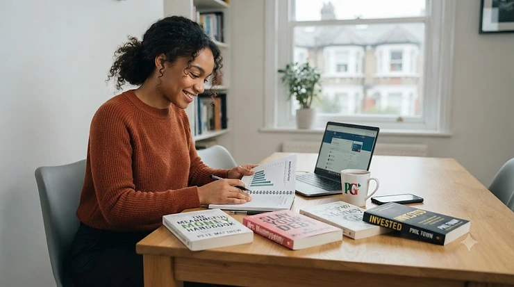 Flat lay of popular personal finance books on a wooden table, featuring British budgeting guides and savings planners. personal finance books