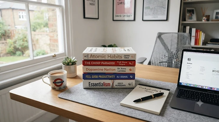 A curated collection of top-rated productivity books and a notepad on a wooden desk, bathed in natural light, suitable for professionals in the UK. best productivity books