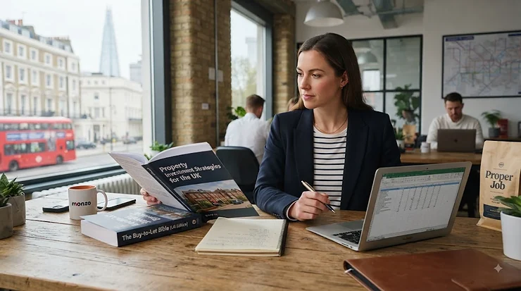 A flat lay of top property investment books, a notebook, and a calculator on a wooden desk, representing buy-to-let strategies in the UK. property investment books