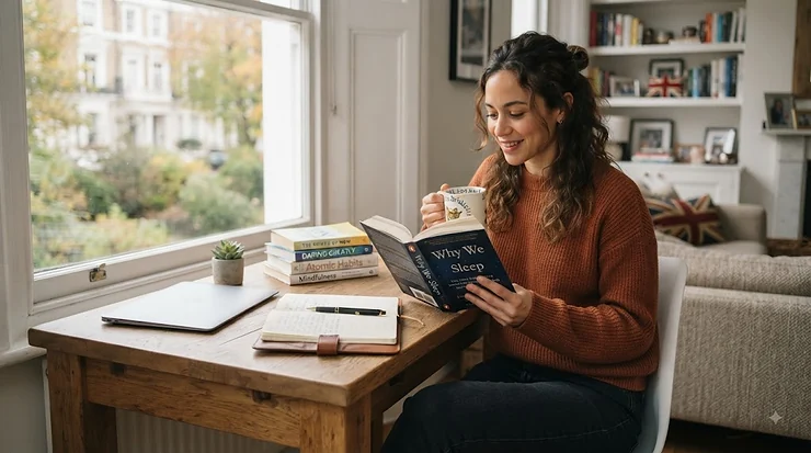 A collection of popular self-help books displayed on a wooden shelf, representing personal growth and wellbeing reads. self help books