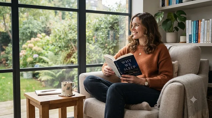 A collection of top-rated stress management books and a calming notebook on a cosy wooden desk, representing mindful reading for mental wellness. stress management books