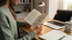 Open paperback book showing highlighted text about time management and personal wellbeing.