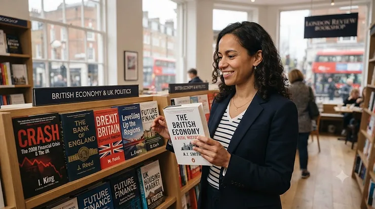 A curated collection of books about the British economy displayed on a wooden bookshelf, highlighting titles on UK economic history, policy, and financial markets. british economy books