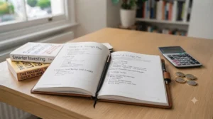Budget planner and calculator alongside essential reading materials on investing books for beginners.