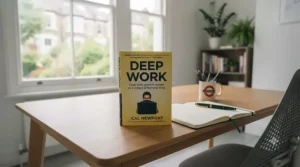 Cover of Cal Newport's bestselling deep work book displayed against a minimalist workspace backdrop.