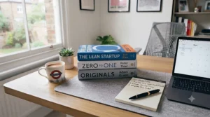 A selection of business and career development books, such as 'The Lean Startup', stacked on a modern wooden desk with a blurred London residential background.
