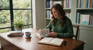 A person reading a self-help guide on cognitive behavioural therapy, surrounded by calming house plants and a cup of tea.