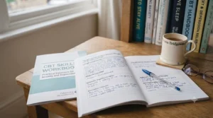 Open pages of a cognitive behavioural therapy workbook with written notes, a popular tool found in anxiety and depression books.