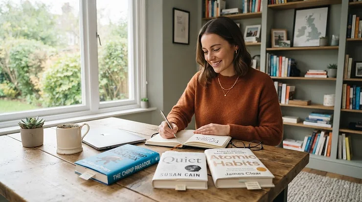 A collection of top-rated confidence building books and a journal arranged on a wooden desk, representing self-help resources for personal growth. confidence building books