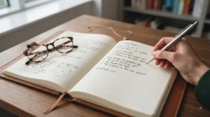 An open confidence journal alongside a popular self-help book, encouraging daily reflection and personal growth.