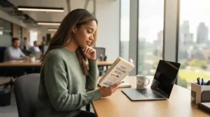 Office worker reading a productivity and self-care book during a lunch break to support workplace mental health.