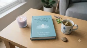 A person journaling alongside popular mindfulness meditation books to support their daily wellbeing routine.