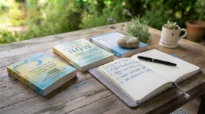 Flat lay of daily mindfulness books featuring practical exercises and guided meditations.