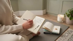 A person holding a beginner meditation guide while noting down reflections in a journal.