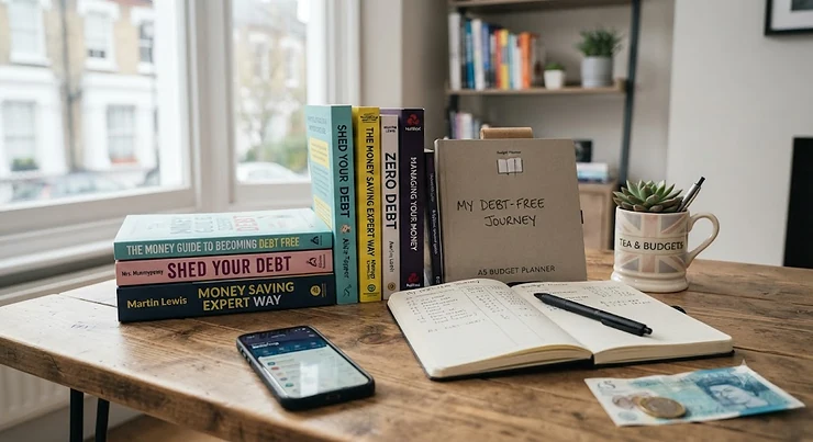 A stack of personal finance and debt-free books alongside a British notepad and calculator on a wooden desk. debt free books