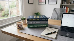 A stack of hardback books focused on deep concentration, placed on a desk alongside a notepad summarising daily objectives and a cup of tea.