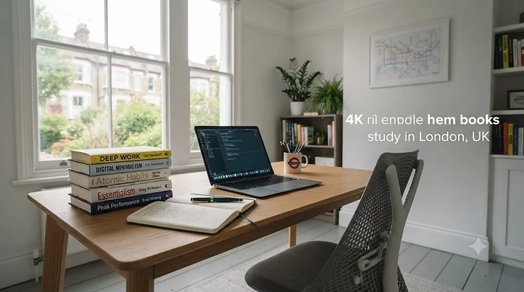 A stack of popular deep work books on a tidy wooden desk, representing focus and productivity strategies for British professionals. deep work books