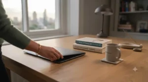 Smartphone turned face down beside a reading lamp and a recommended lifestyle book.