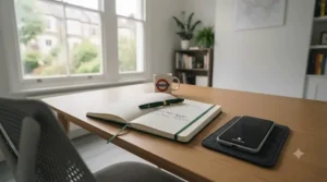 A smartphone showing turned-off notifications next to a physical notebook and pen.
