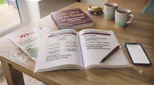 Financial independence and early retirement planning books stacked neatly on a shelf.