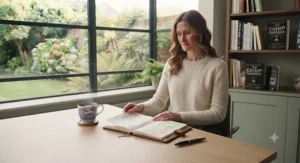 A neat bookshelf featuring top-recommended stress management books curated for readers seeking better mental health.