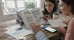 A couple sitting at a kitchen table managing household bills with the help of a UK personal finance book.