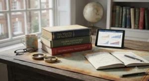 Global economics books resting on top of a vintage world map, illustrating international trade routes and policy.