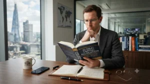 A professional reading global economics books in a London office overlooking the financial district.