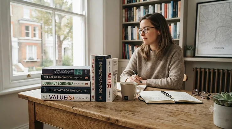 A curated stack of global economics books on a wooden desk, highlighting international trade and finance titles popular with UK readers. global economics books