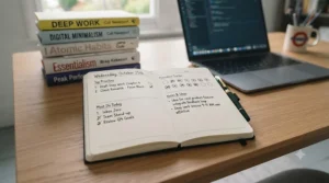 A person checking off daily focus goals in a productivity planner journal.