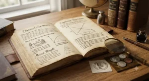 A highly detailed, photorealistic photograph capturing an intimate, close-up view of a study desk scene. The surface is rich, warm oak wood grain, illuminated by soft, directional daylight streaming from a window (implied, to the left). The main subject is a vintage, aged leather-bound journal, lying open. Its thick, yellowed pages are covered in handwritten notes and diagrams, rendered in deep sepia ink, that trace the history of economic thought. The visible left page features the heading "Classical Economics" in ornate script, with detailed text on Adam Smith's "invisible hand" and David Ricardo's "comparative advantage," alongside a hand-drawn sketch of a primitive trade scene and a simple production possibility frontier. Below, a section on "Marxist Thought" includes a small diagram of a class structure pyramid. The right page focuses on "Keynesian Revolution," with a clear, hand-drawn Aggregate Demand/Aggregate Supply (AD-AS) model diagram titled "Keynesian Cross." Below it, detailed notes discuss fiscal policy and the multiplier effect. Resting beside the journal is an antique brass magnifying glass, positioned over a small, engraved illustration of a historical coin (a Roman denarius) and a small pile of other vintage world coins (a silver ducat, an old US penny) arranged on a velvet patch. A classic, weighted fountain pen with an inkwell is also present. In the background, softly blurred, are a few more historical economics books.