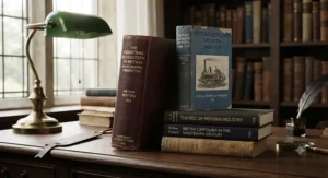 Vintage hardback books focusing on the history of the British economy and the Industrial Revolution, arranged on a library desk.
