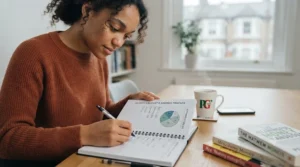 A person reviewing their monthly household budget and savings goals in a notebook.