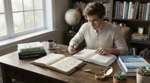 A reader taking notes while comparing a selection of recommended global economics books.
