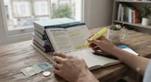 A person reviewing credit card statements while reading a practical guide on becoming debt-free.
